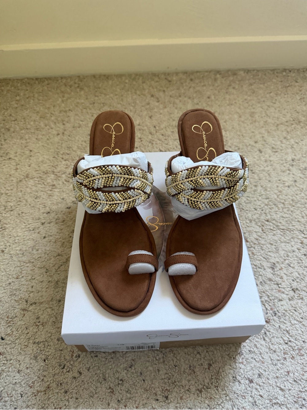 Jessica Simpson Rixei Beaded Toe Ring Heels Tobacco Microsuede Size 11M NIB